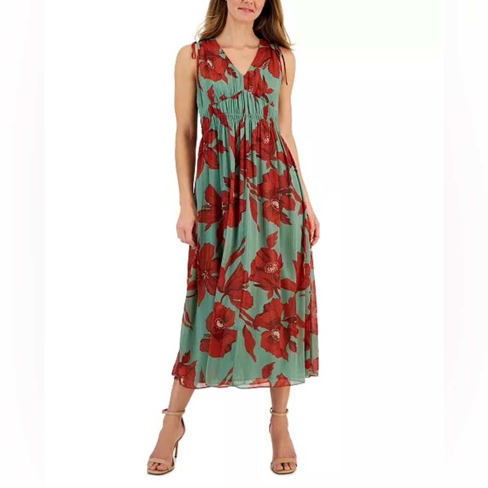 Anne Klein Women's V-Neck Sleeveless Shirred-Waist Midi Dress